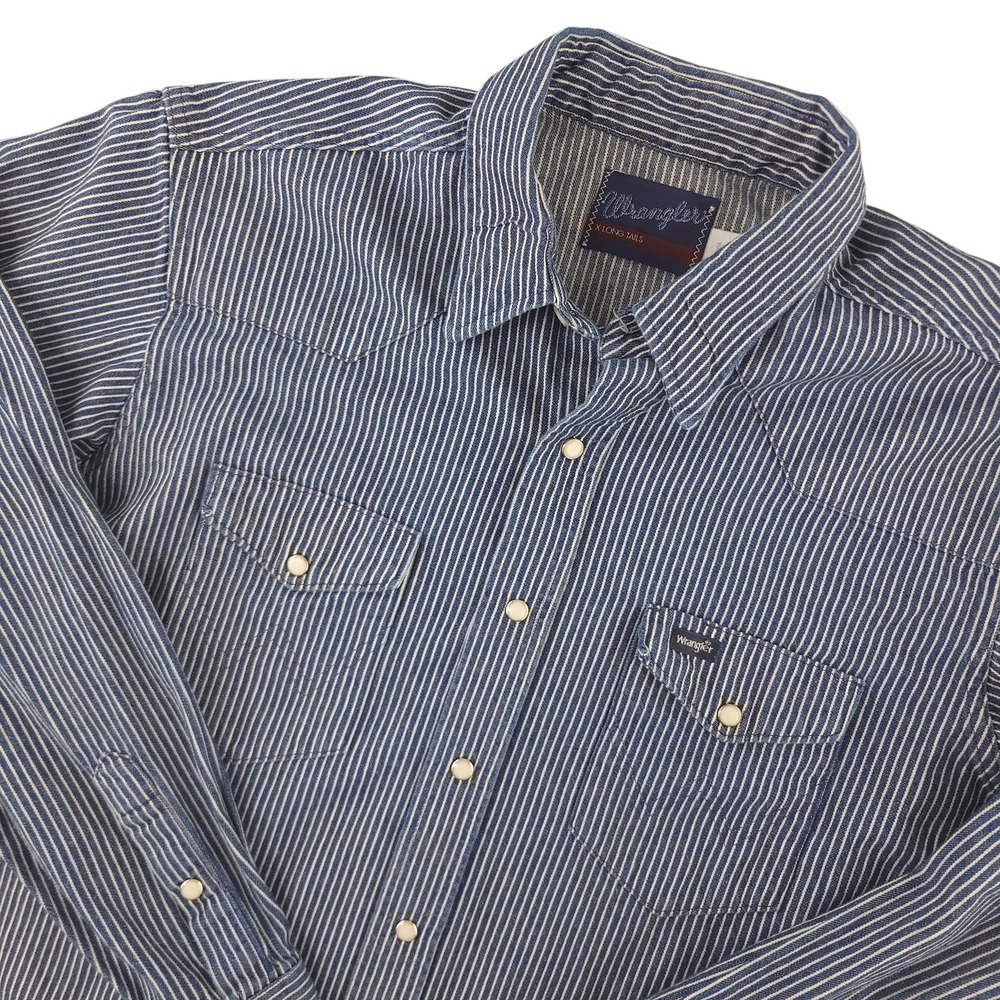 Wrangler Pearl Snap Denim Shirt Mens 17.5 36 Blue Stripe Long Sleeve Western